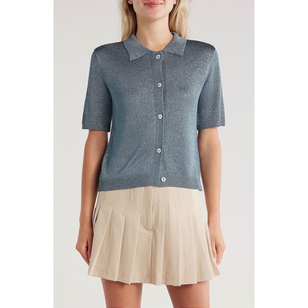 Jason Wu Knit Polo Cardigan Blue Metallic Short Sleeve NWT Chic Minimalist Flaw